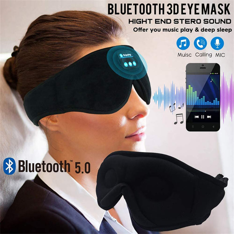 Woman resting in a black Bluetooth sleep mask with built-in headphones