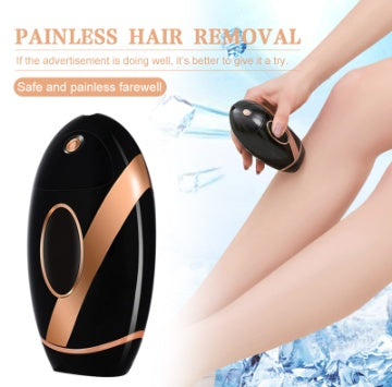 Black and rose-gold IPL hair removal handset, shown being used on a leg