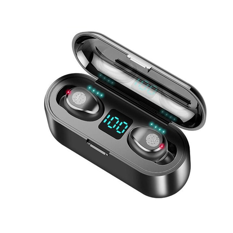 Black wireless earbuds in an open charging case with a digital battery display
