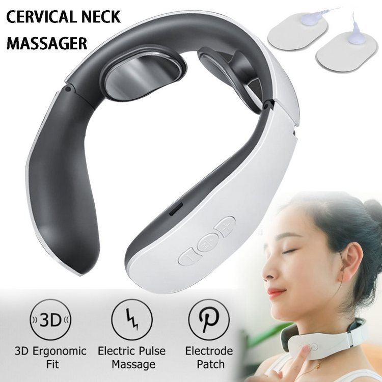 White and grey U-shaped neck massager with two electrode pads, worn by a woman relaxing with her eyes closed