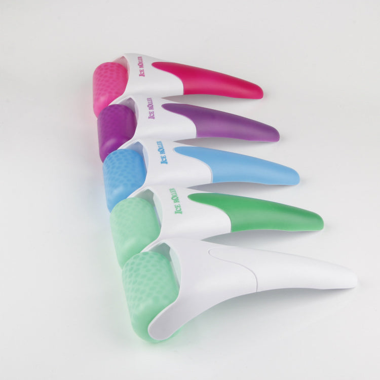 Ice face rollers in pink, purple, blue, green, and mint fanned out in a row