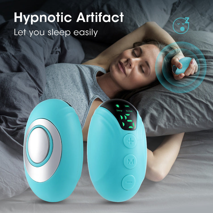 Two turquoise handheld sleep aid devices with a digital display, beside a woman sleeping peacefully